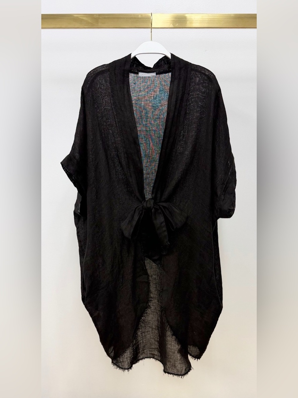 (155153/E3150-BLK) LINEN FRINGE HEM TIE-FRONT KIMONO WITH POCKETS